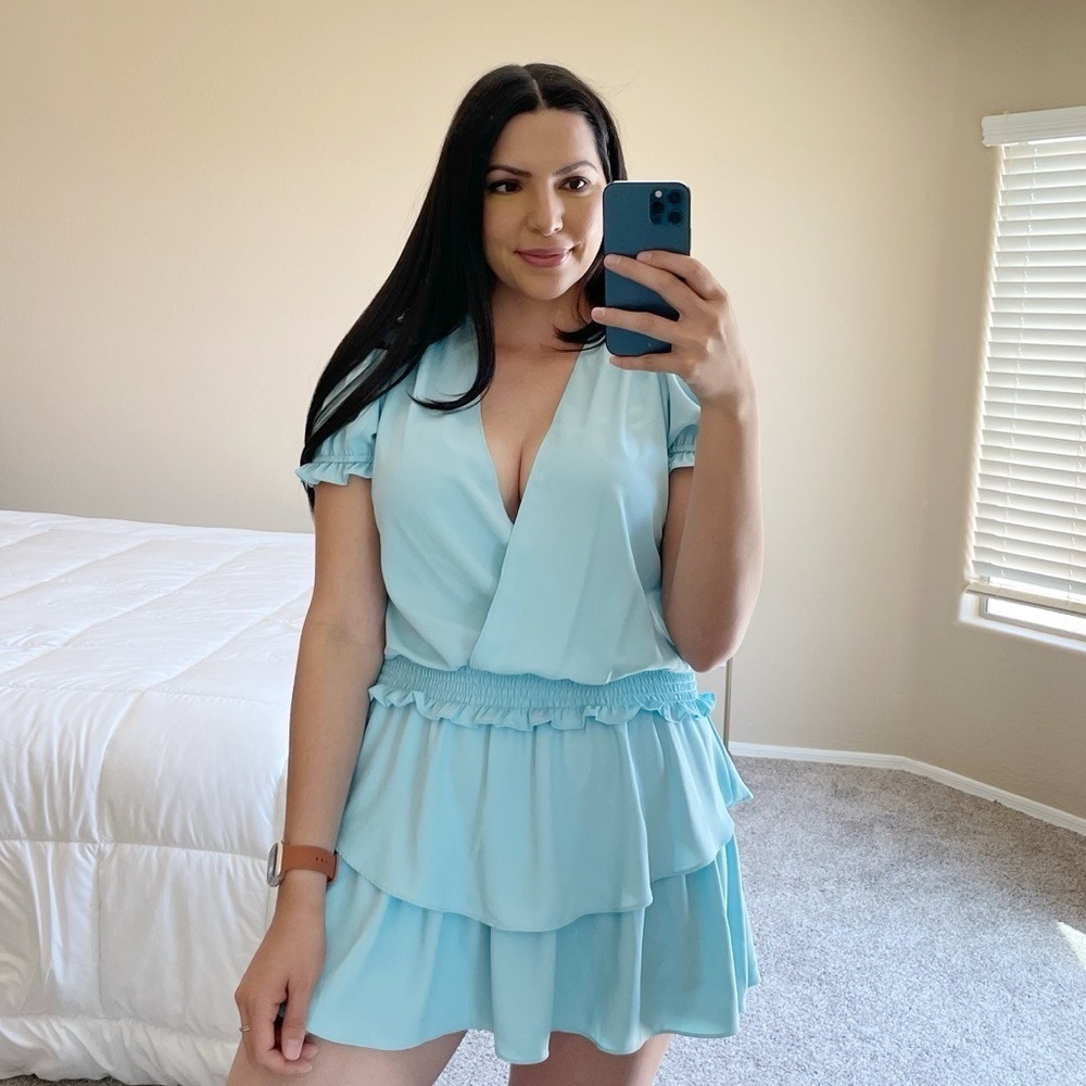 Amanda Uprichard Sky-Blue V-Neck Tiered Mini Dress